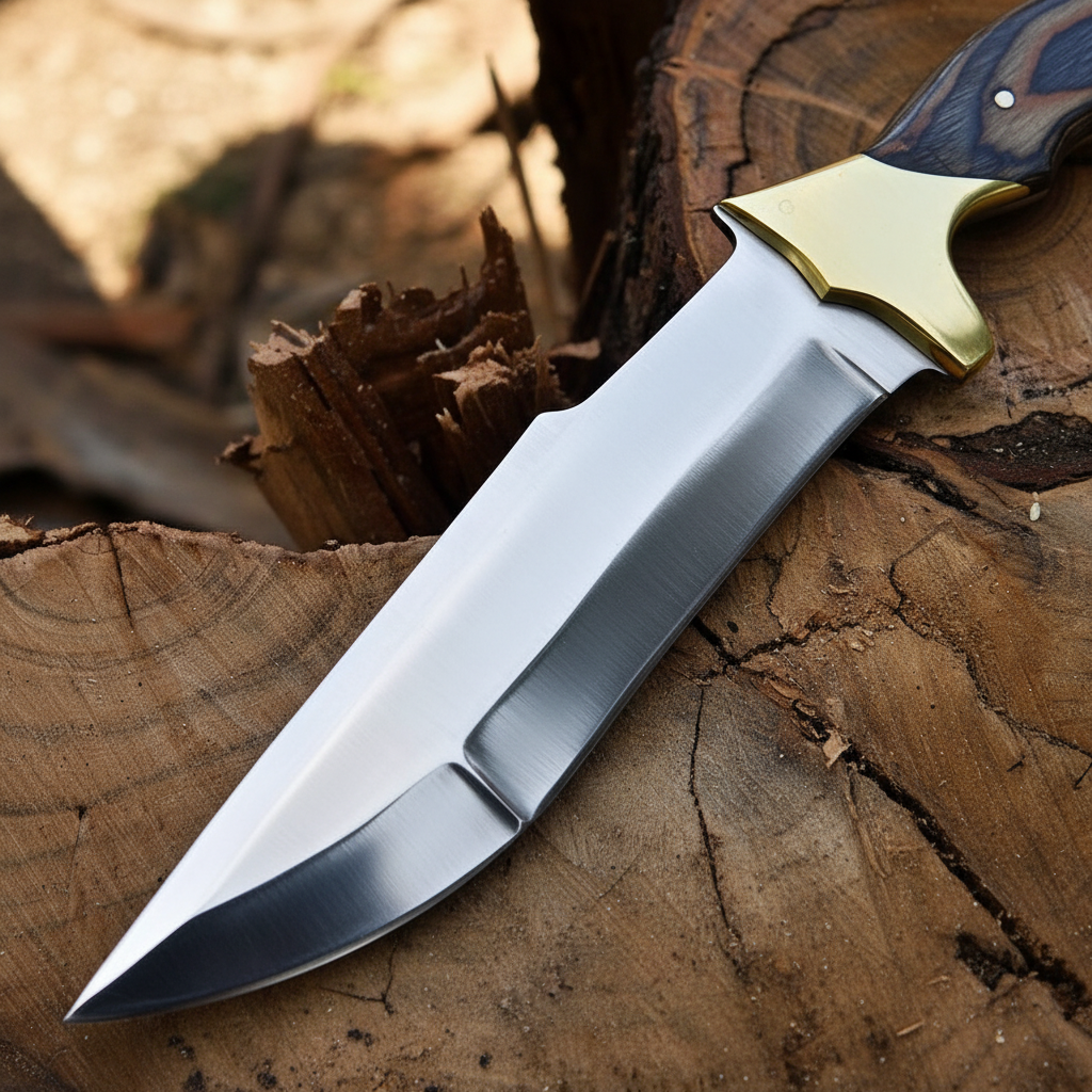 Close-up detail of D2 steel clip point blade with mirror polish and brass double guard on handmade knife