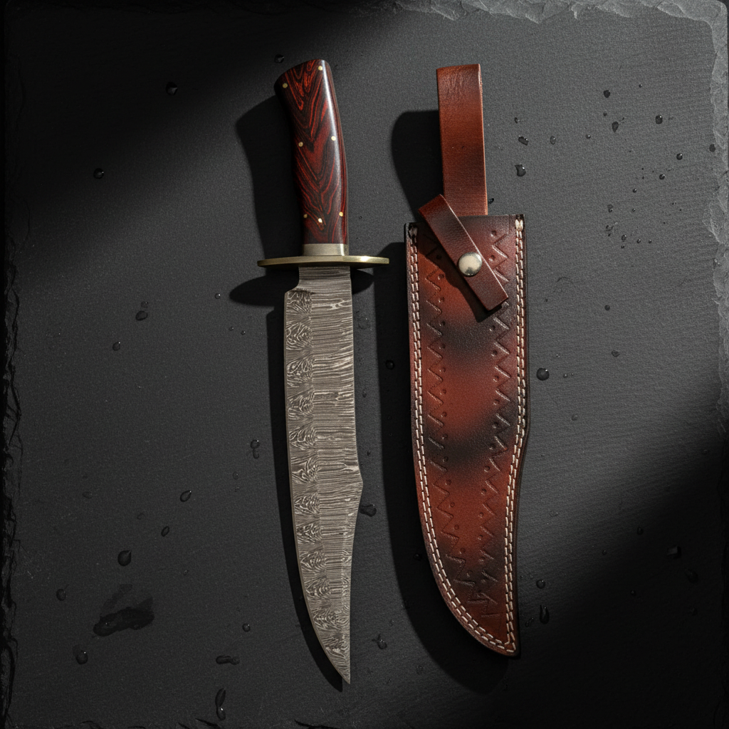 Hand-forged Damascus tracker knife and leather sheath in a luxury slate presentation