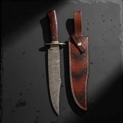 Hand-forged Damascus tracker knife and leather sheath in a luxury slate presentation