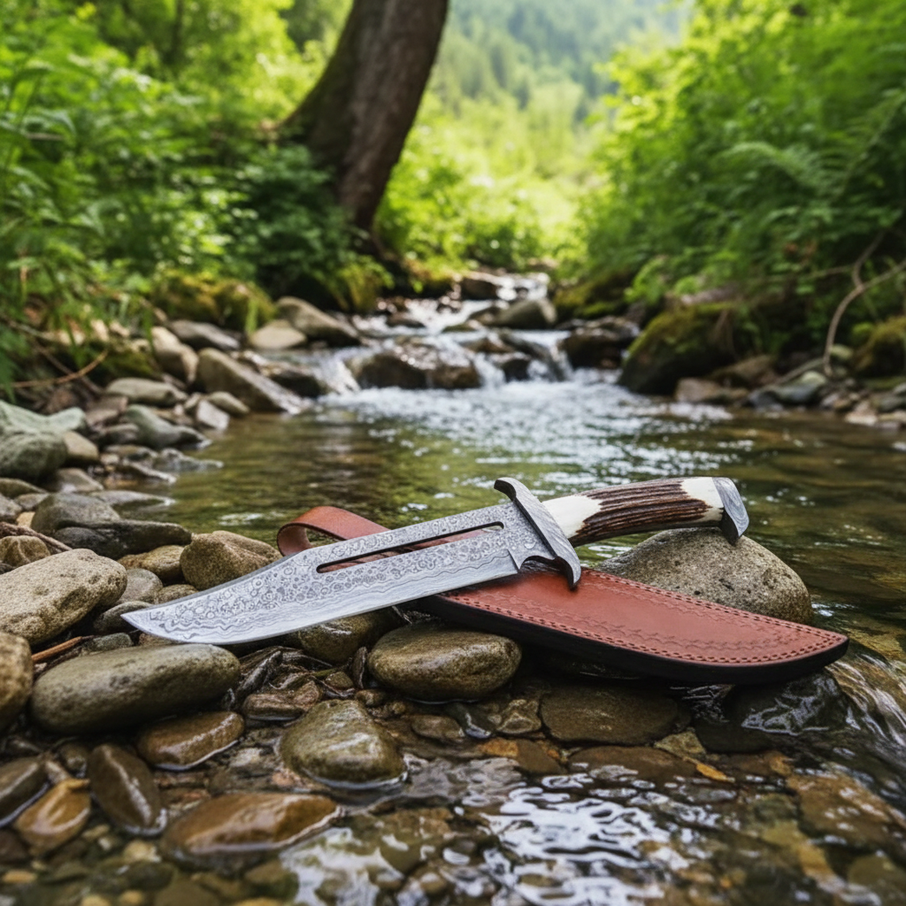 Handmade Damascus Bowie knife with antler handle resting on river rocks beside clear mountain stream