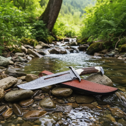 Handmade Damascus Bowie knife with antler handle resting on river rocks beside clear mountain stream