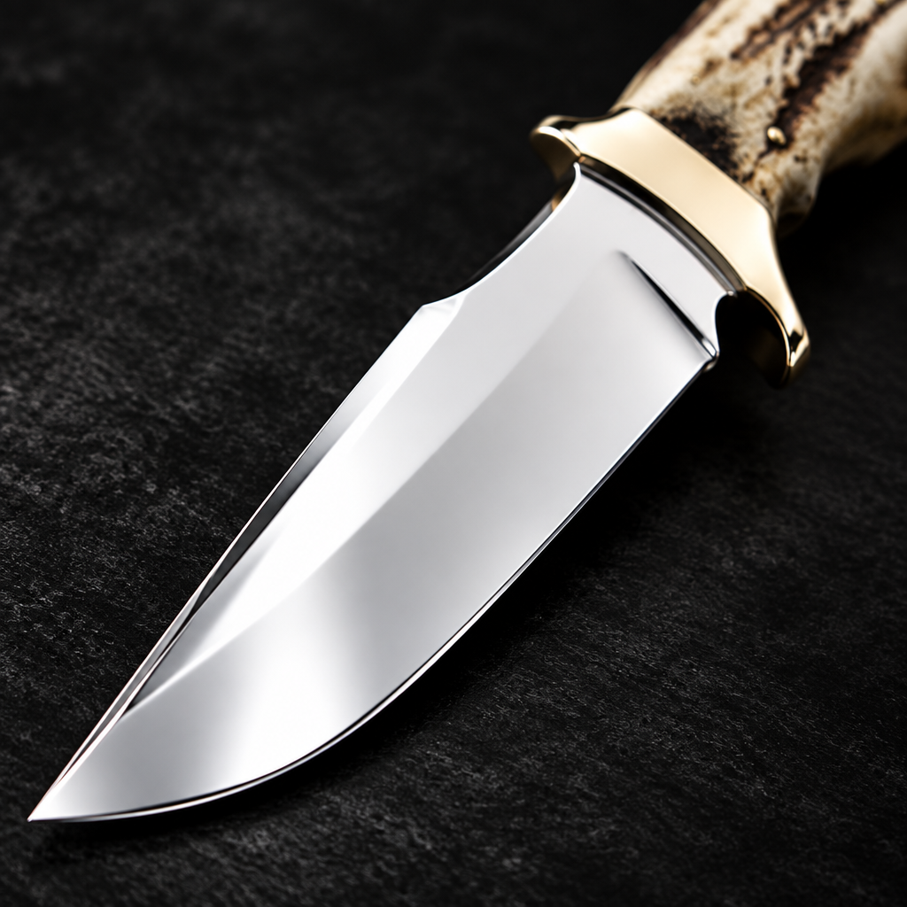 Extreme close-up of wide mirror polished stainless steel Bowie clip point blade with brass bolster on deep black charcoal background