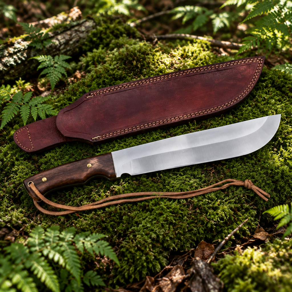 D2 steel machete Bowie knife and burgundy leather sheath resting on thick green forest moss natural outdoor setting