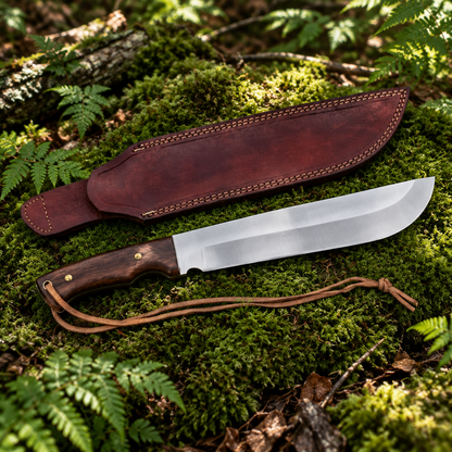 D2 steel machete Bowie knife and burgundy leather sheath resting on thick green forest moss natural outdoor setting