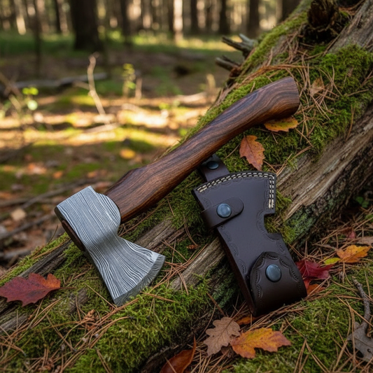 Handmade Damascus steel bearded axe with rosewood handle resting on mossy forest log, outdoor hero shot