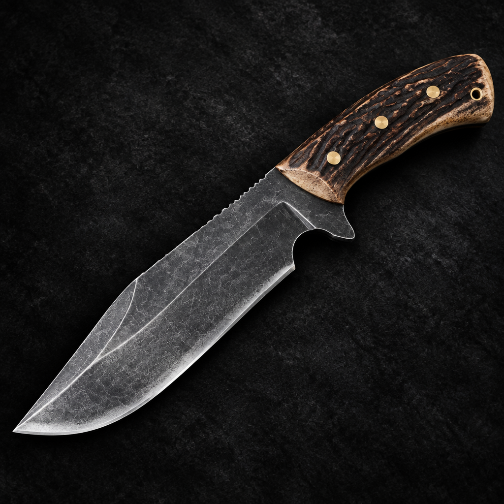 Carbon steel boar Bowie hunting knife stag antler handle studio shot deep black charcoal background