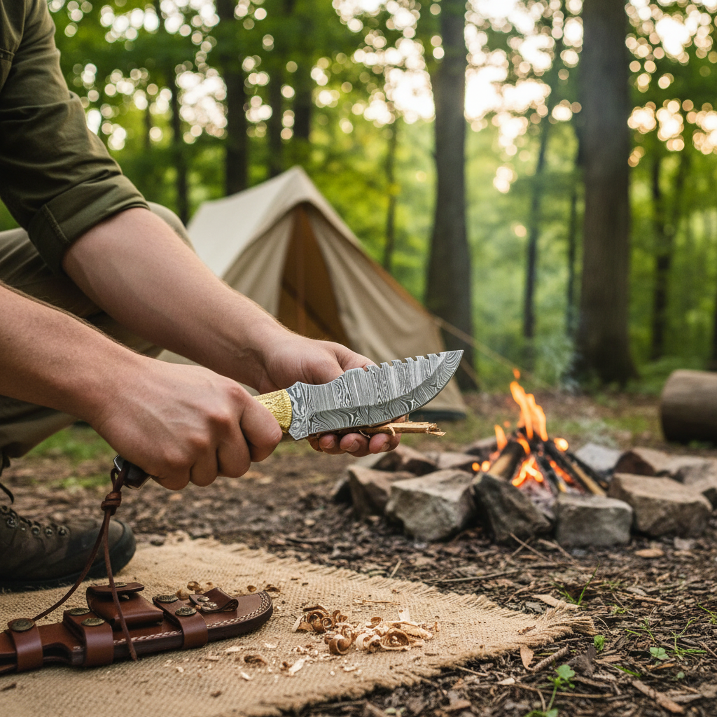 Hands holding a Damascus tracker hunting knife during a campsite task with no face or flag visible