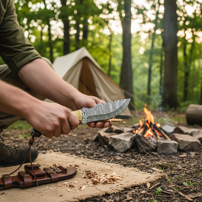 Hands holding a Damascus tracker hunting knife during a campsite task with no face or flag visible