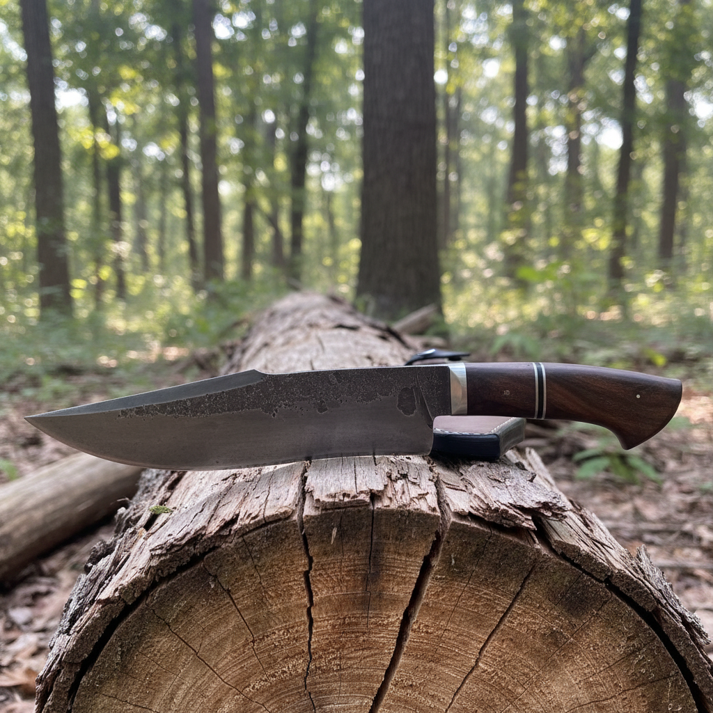 Right side view of handmade carbon steel Bowie knife with walnut wood handle on pine log in forest setting