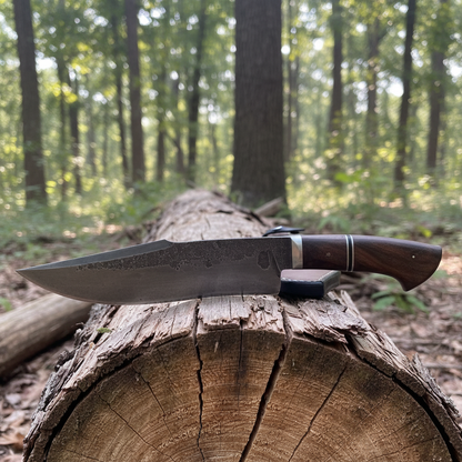 Right side view of handmade carbon steel Bowie knife with walnut wood handle on pine log in forest setting