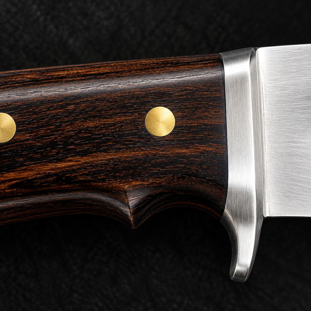 Extreme close-up of dark wood handle with brass pins and steel bolster guard on deep black charcoal background