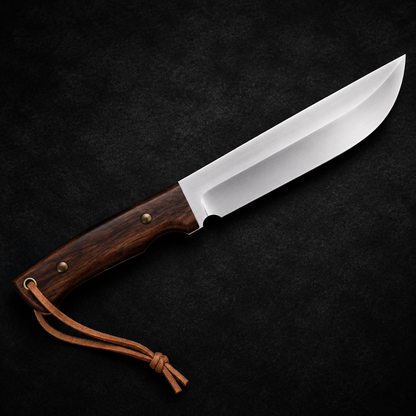 D2 steel machete survival Bowie knife dark walnut handle brass pins studio shot deep black charcoal background