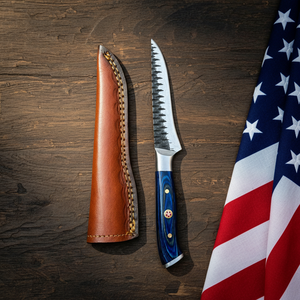 Hand forged Damascus boning and fillet knife with blue pakkawood handle and brown leather sheath on rustic wood with a USA flag
