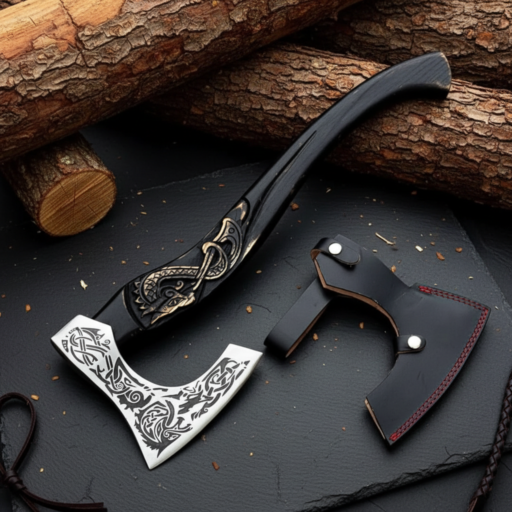 Premium Viking Norse axe gift presentation flat lay on dark slate surface