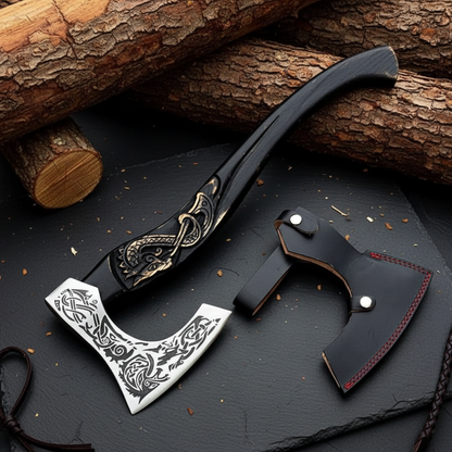 Premium Viking Norse axe gift presentation flat lay on dark slate surface