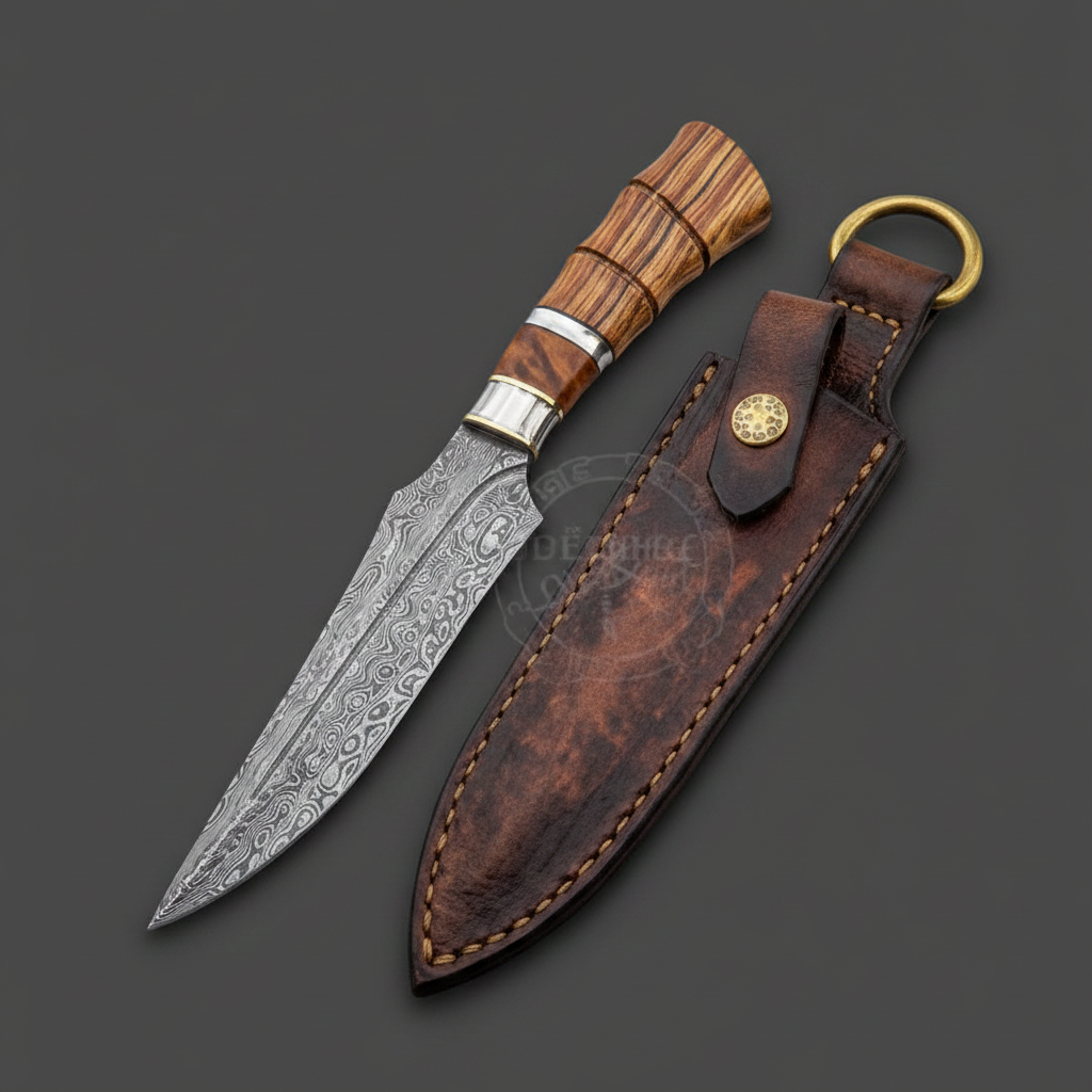 Custom handmade Damascus steel dagger knife with wood handle and leather sheath on charcoal background, left-facing