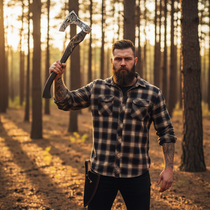 American outdoorsman holding Viking Norse axe with Celtic engraved blade, golden hour forest