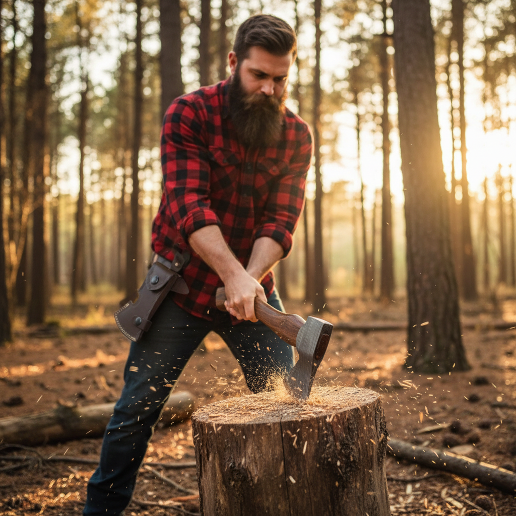 American lumberjack chopping wood with handmade Damascus bearded axe, outdoor lifestyle USA