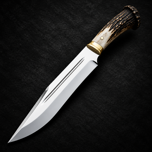 Handmade D2 steel Bowie hunting knife stag horn handle blood groove blade studio shot deep black charcoal background