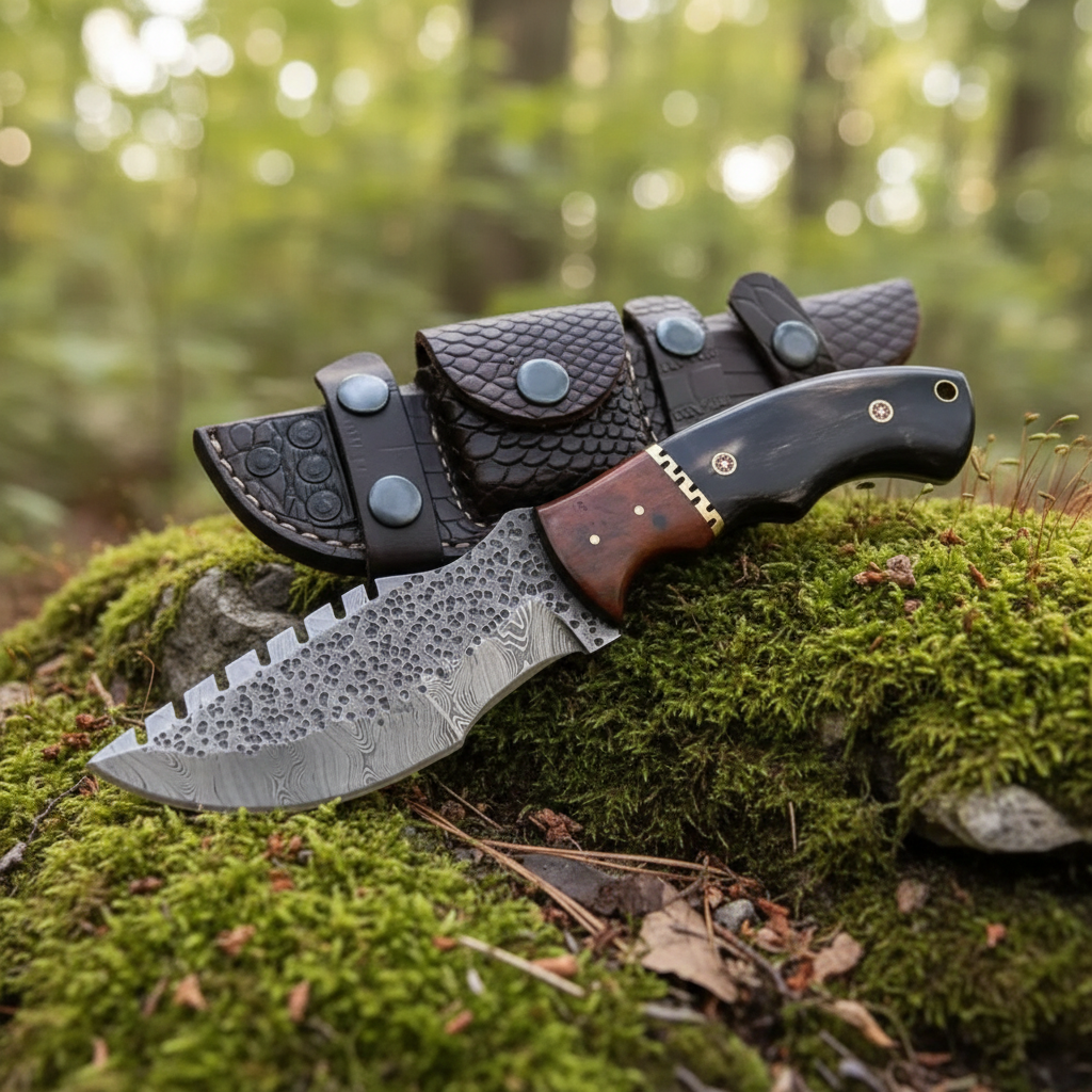 Damascus tracker knife and sheath on mossy rocks in a forest