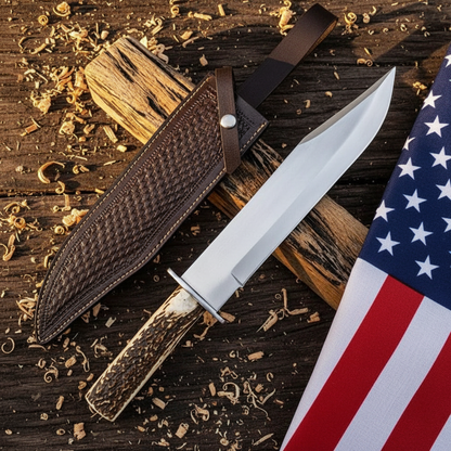 Handmade D2 steel Bowie knife stag antler handle hero flat lay on rustic dark wood with American USA flag