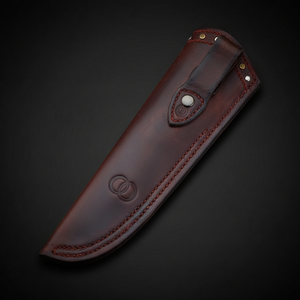 Complete handstitched dark brown leather vertical Bowie hunting knife sheath with snap button strap