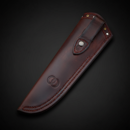 Complete handstitched dark brown leather vertical Bowie hunting knife sheath with snap button strap