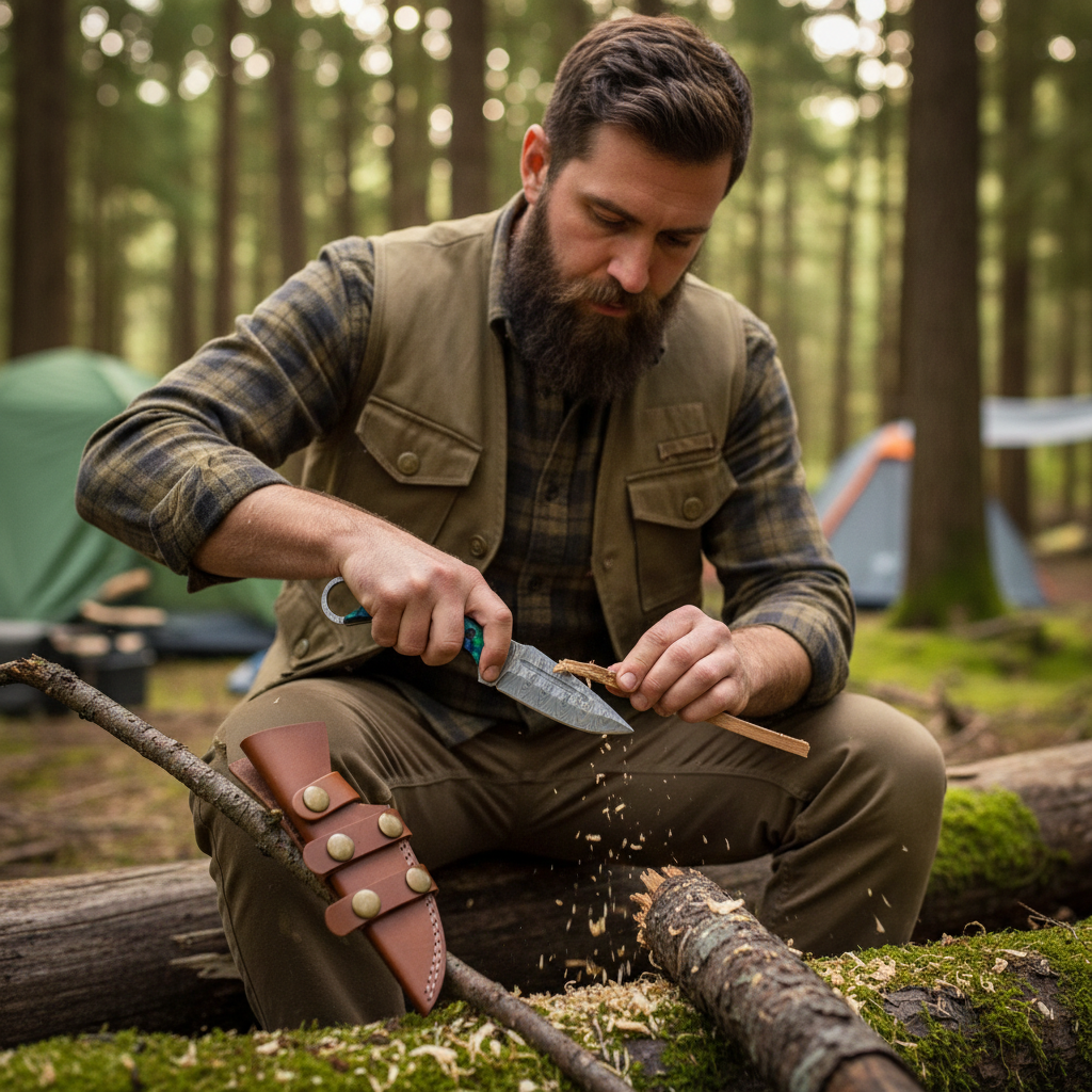 Bearded outdoorsman responsibly using the Damascus ring knife during forest woodcraft