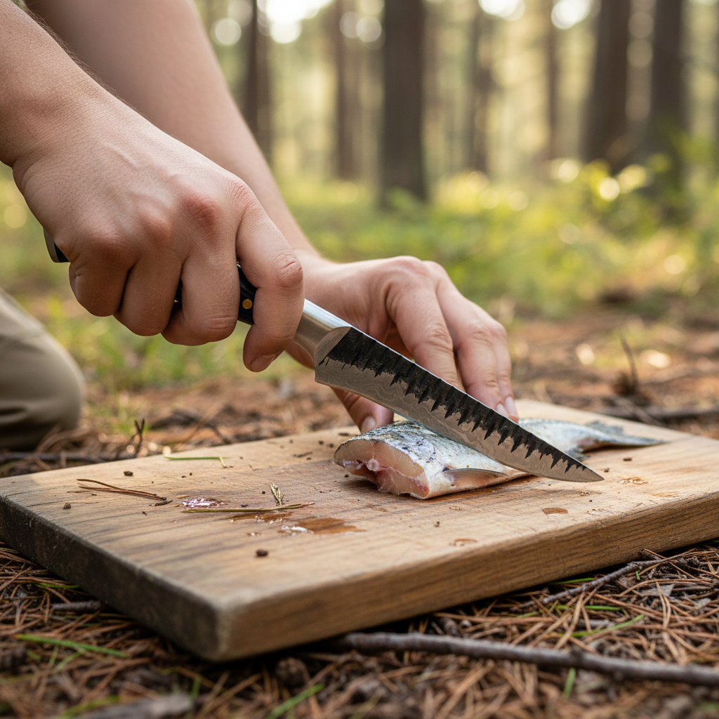 Hands safely using the Damascus boning and fillet knife for food preparation in an outdoor setting