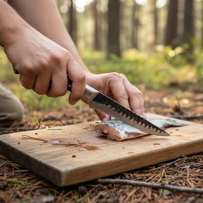 Hands safely using the Damascus boning and fillet knife for food preparation in an outdoor setting