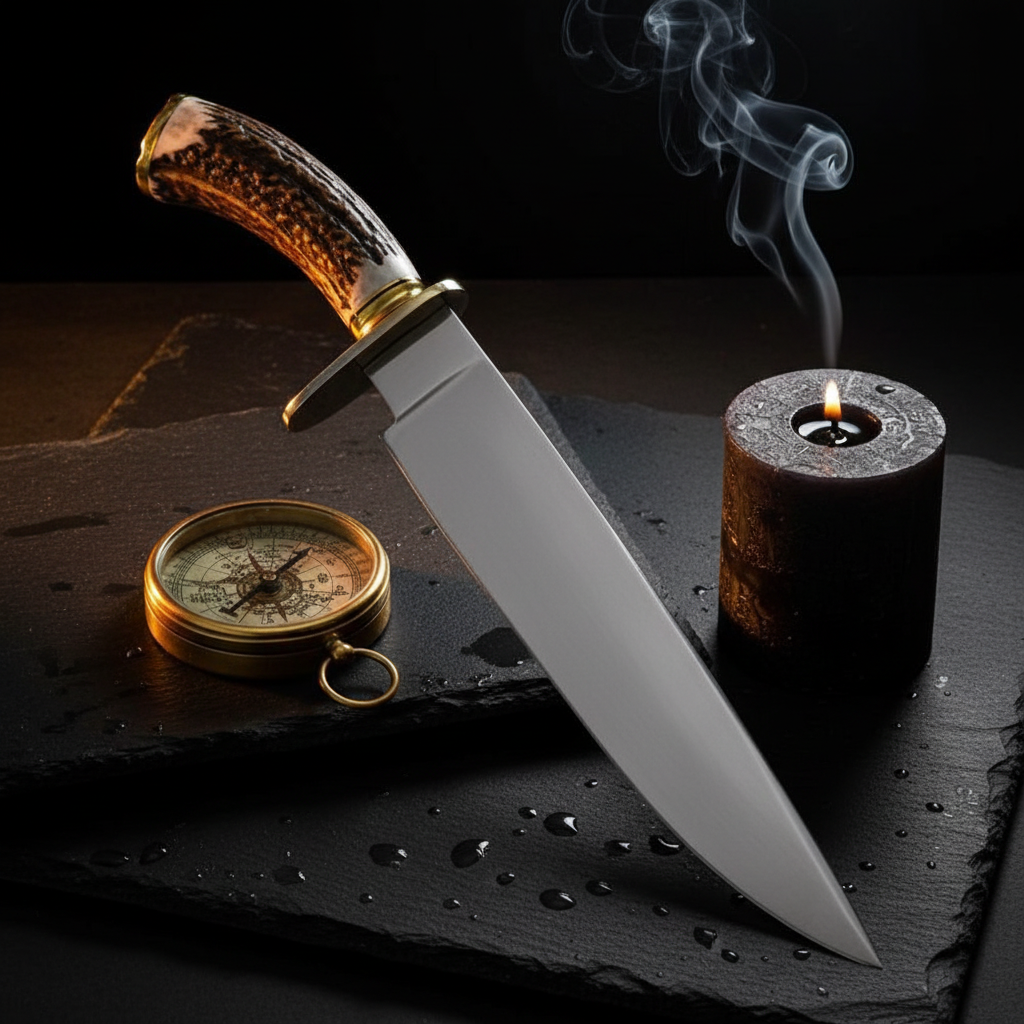 Carbon steel Bowie knife stag antler handle dark luxury cinematic editorial shot with compass and candle