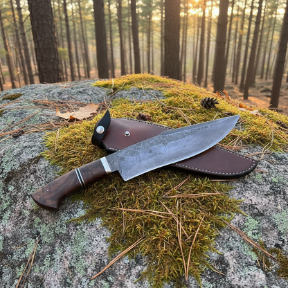 Handmade carbon steel Bowie knife with walnut handle and leather sheath flat lay on mossy granite rock outdoors