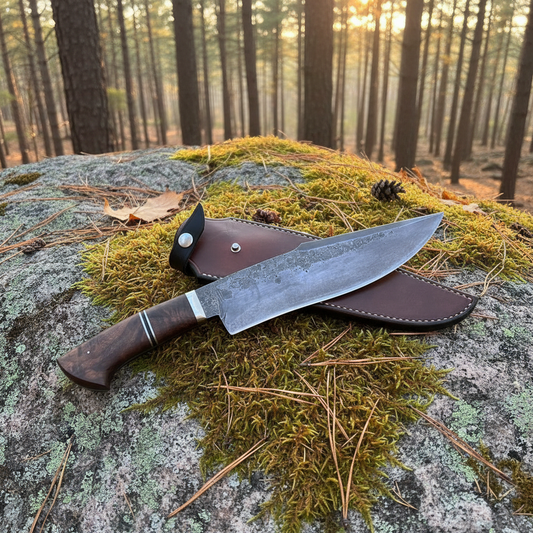 Handmade carbon steel Bowie knife with walnut handle and leather sheath flat lay on mossy granite rock outdoors