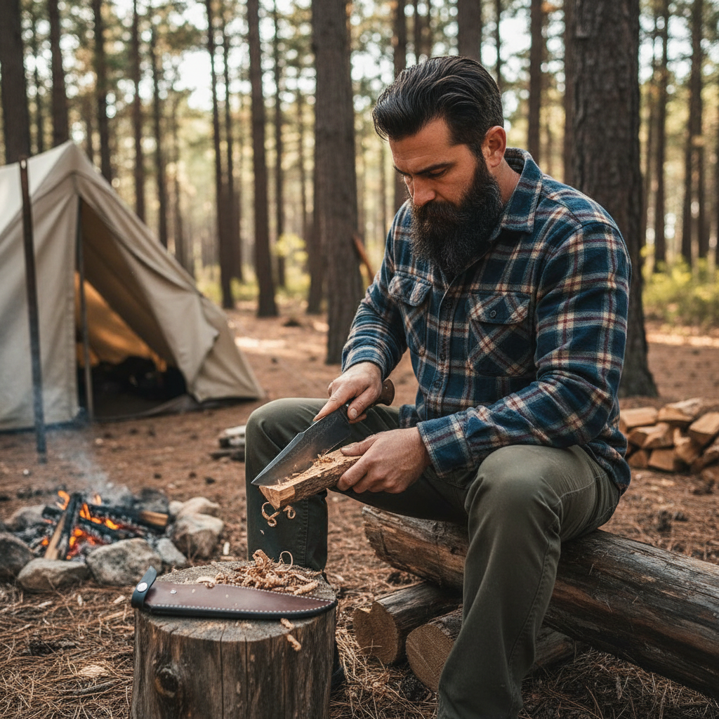 Bearded outdoorsman in flannel shirt using handmade Bowie knife to carve wood at American pine forest campsite