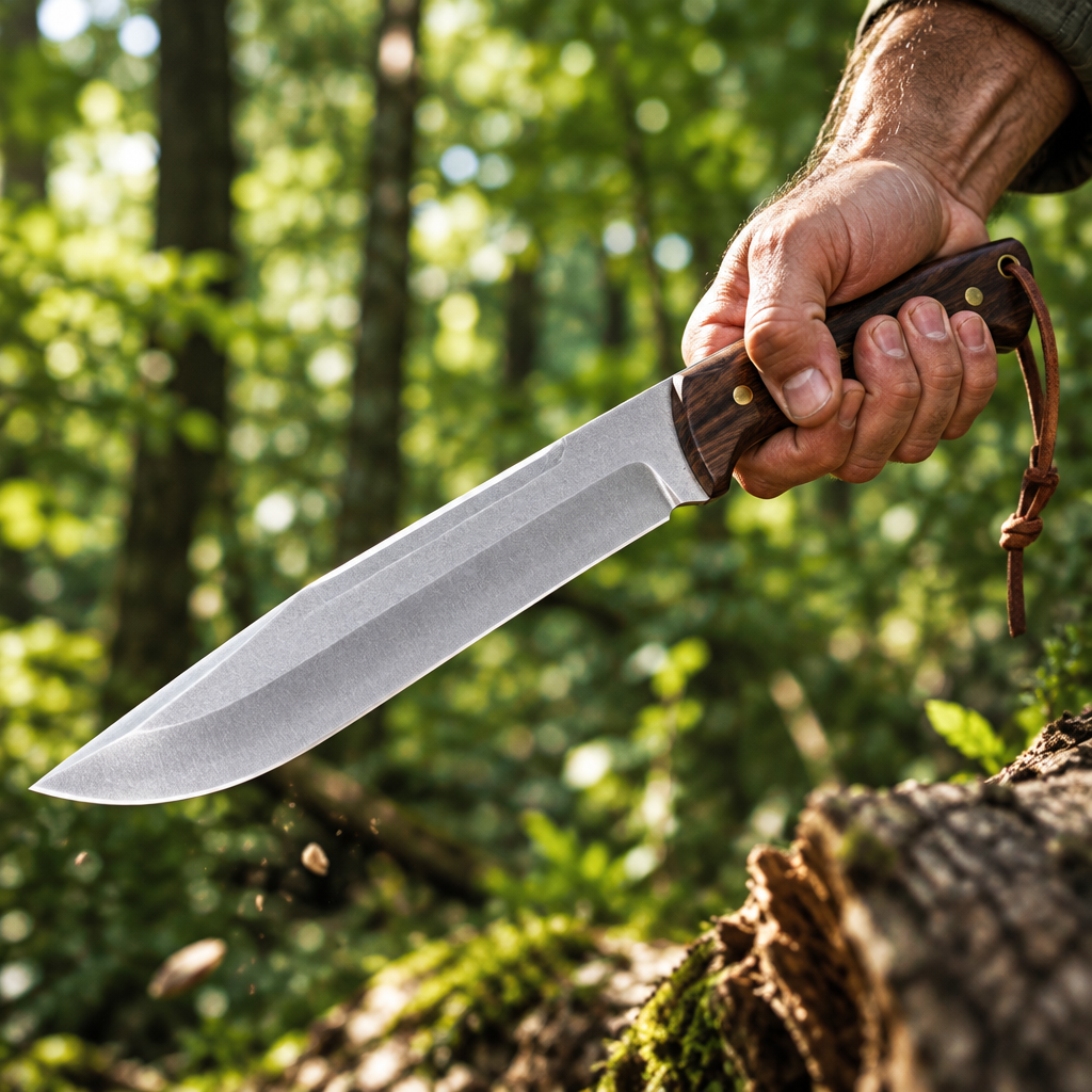 Rugged hand gripping D2 steel machete Bowie knife dark walnut handle brass pins dynamic outdoor grip pose forest bokeh