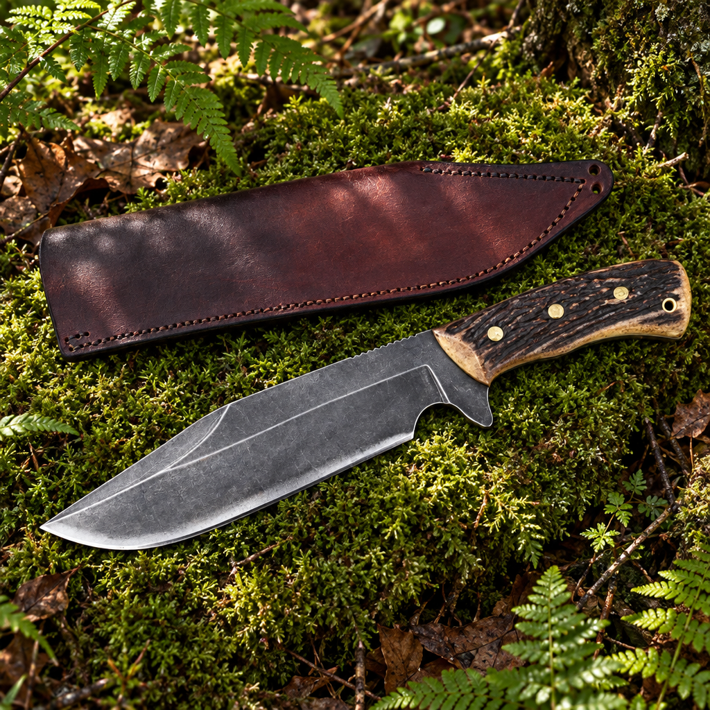 Carbon steel boar Bowie hunting knife stag antler handle and burgundy leather sheath on thick green forest moss natural outdoor