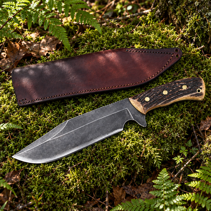 Carbon steel boar Bowie hunting knife stag antler handle and burgundy leather sheath on thick green forest moss natural outdoor