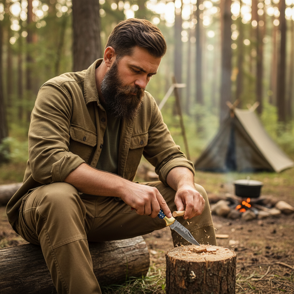 Bearded man using a handmade Damascus folding pocket knife during a calm campsite task