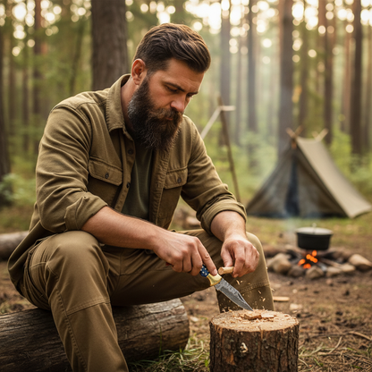 Bearded man using a handmade Damascus folding pocket knife during a calm campsite task