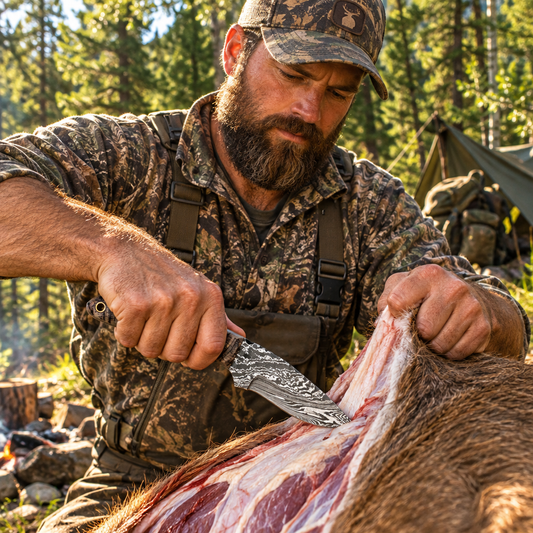 Rugged bearded hunter actively using compact handmade Damascus skinner knife with ram horn handle in bright outdoor forest setting face visible