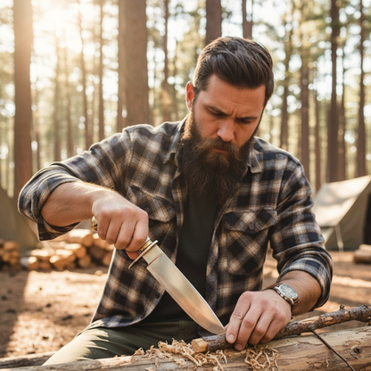 Rugged bearded outdoorsman looking down holding carbon steel Bowie knife stag antler handle at sunny forest campsite