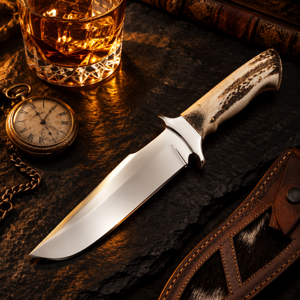 Handmade stainless steel Bowie knife stag antler handle luxury cinematic editorial shot with whiskey glass and vintage pocket watch