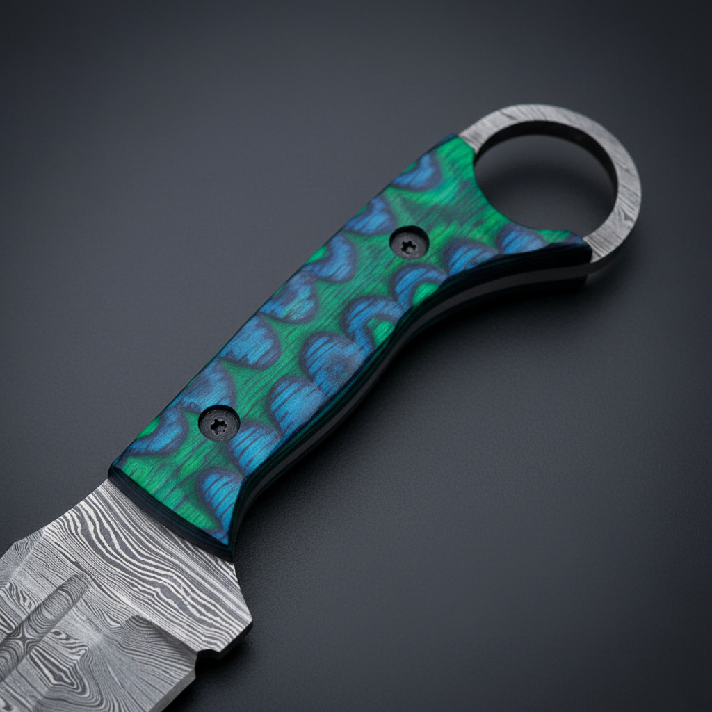 Close view of green and blue stabilized wood scales, Torx screws, and finger ring
