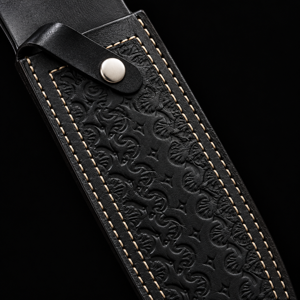 Extreme close-up of black embossed genuine leather Bowie knife sheath diagonal angle silver snap cream stitching on pure black background