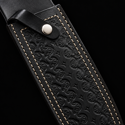Extreme close-up of black embossed genuine leather Bowie knife sheath diagonal angle silver snap cream stitching on pure black background