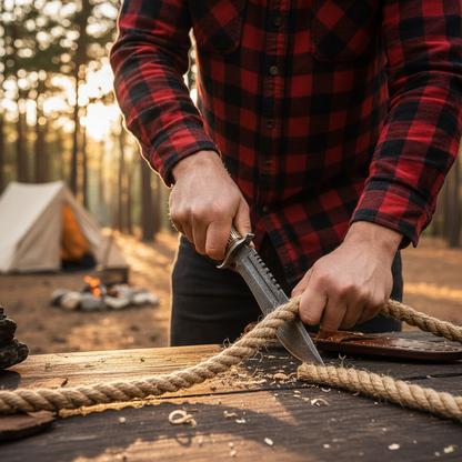 Rugged American outdoorsman actively using handmade Damascus Bowie knife with stag antler handle at campsite in pine forest