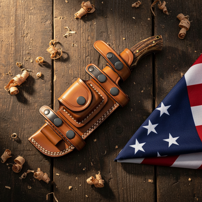 Handcrafted leather tracker knife sheath on dark rustic wood surface with USA flag on right side hero shot
