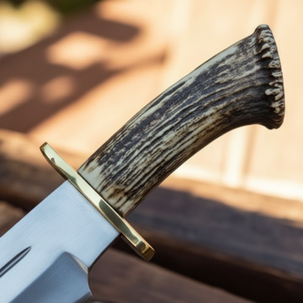 Close-up of the Crown Stag Horn handle and brass guard on a handmade D2 Bowie knife