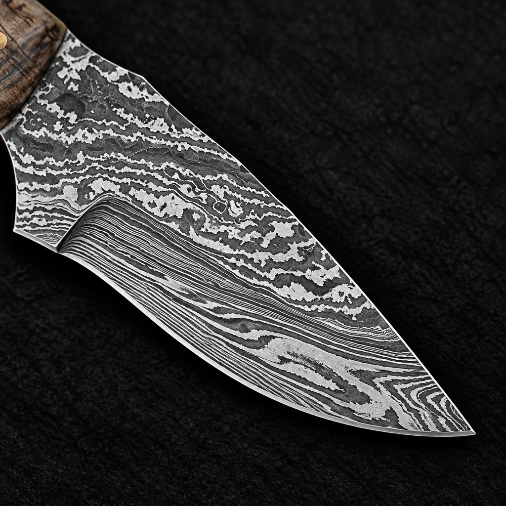 Extreme close-up of handmade Damascus skinner knife wild wavy pattern blade on deep black charcoal background