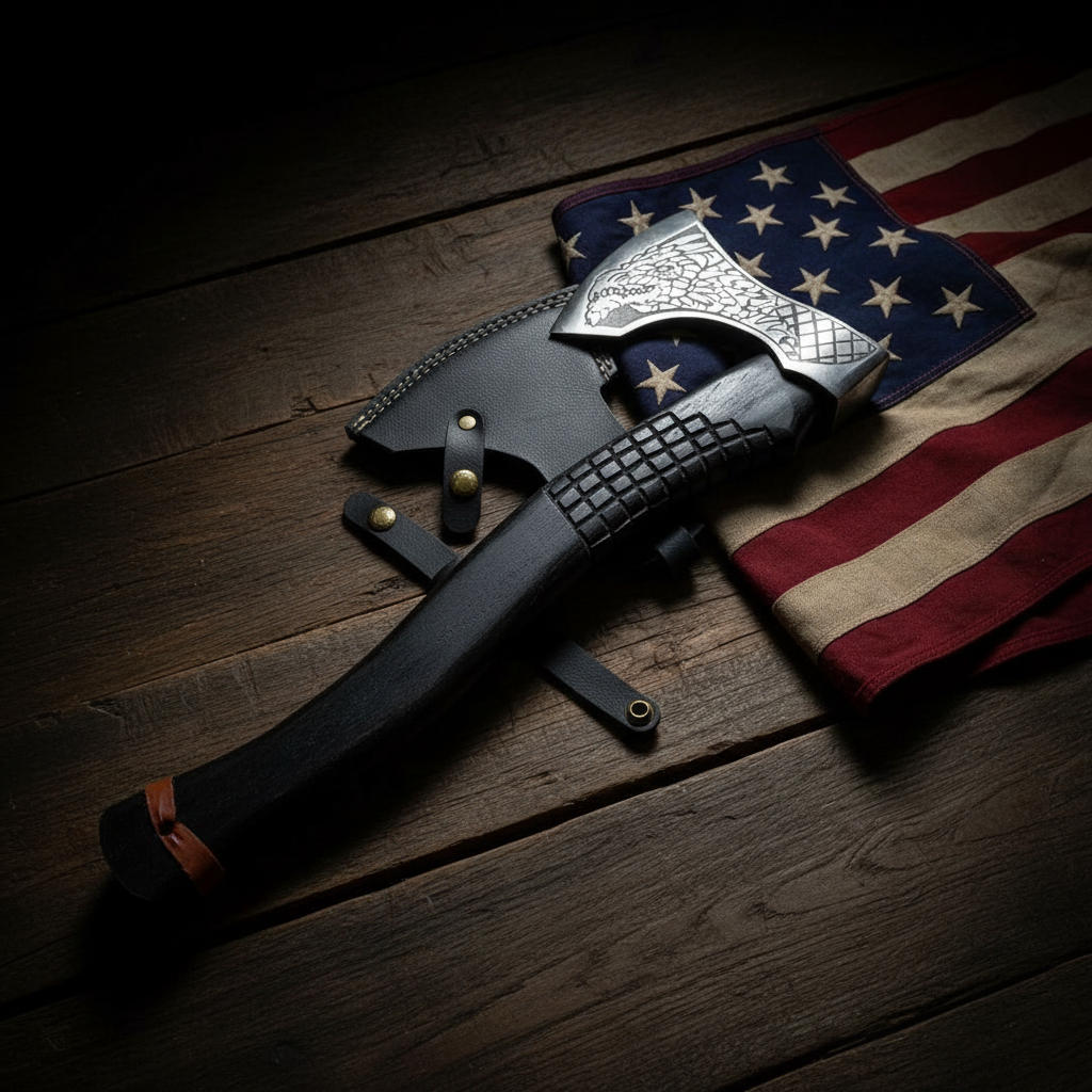 Handmade Viking warrior axe displayed beside American USA flag, patriotic collector display